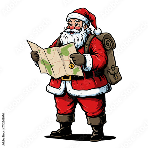 Santa Claus Reading Adventure Map with Backpack - Christmas Traveler Explorer Cartoon Vector Illustration
