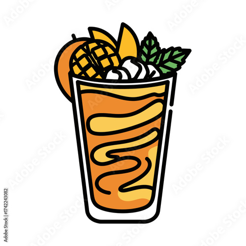 Refreshing mango smoothie with fruit garnish and mint leaves.