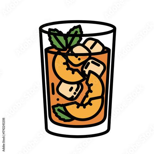 Refreshing summer drink with ice mint and peach slices in a glass.
