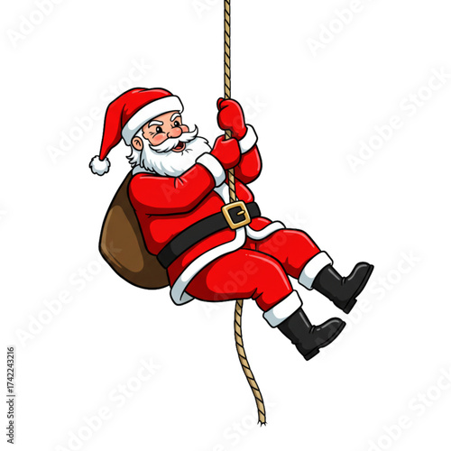 Santa Claus Descending Rope with Gift Sack on Back Isolated on Transparent Background - Cartoon Vector Illustration for Christmas Adventure Fun and Holiday Delivery Humor