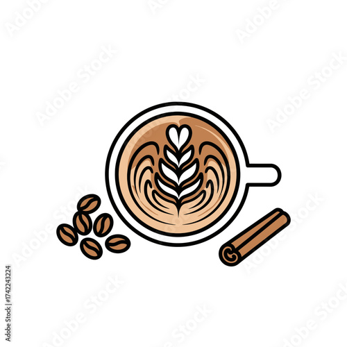 Latte art coffee cup with cinnamon stick and coffee beans.