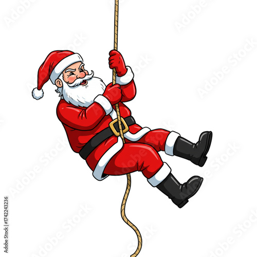 Santa Claus Climbing Rope with Determined Expression Isolated on Transparent Background - Cartoon Vector Illustration for Christmas Adventure Fun and Holiday Descent Humor