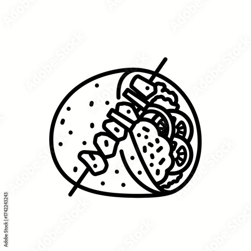 Delicious and appetizing shawarma wrap with fresh ingredients and meat on a skewer.