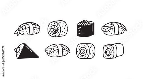Set of hand drawn sushi icons and symbols for japanese cuisine and food designs vector