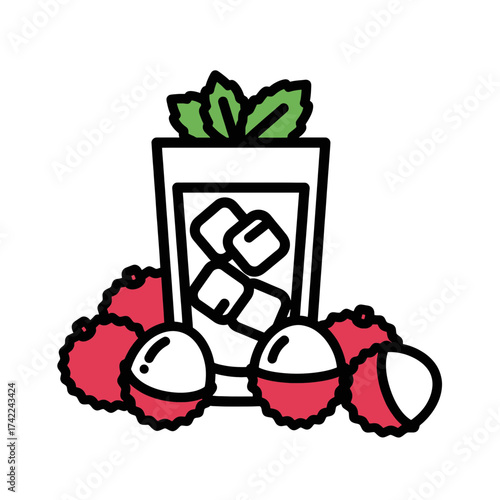 Refreshing lychee drink with ice and mint leaves a summer beverage.