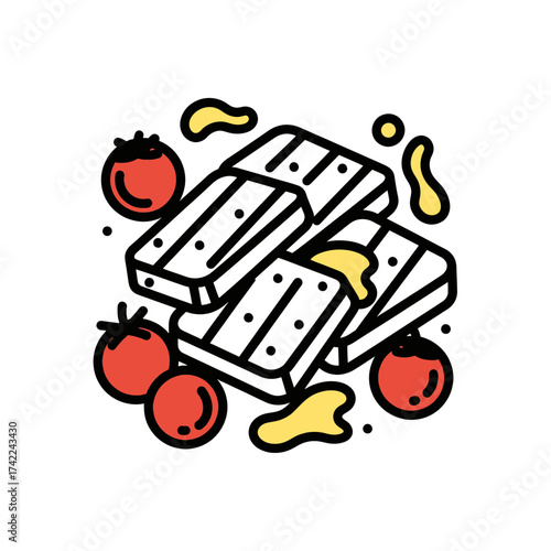 Grilled cheese sandwich with tomatoes and sauce food illustration.