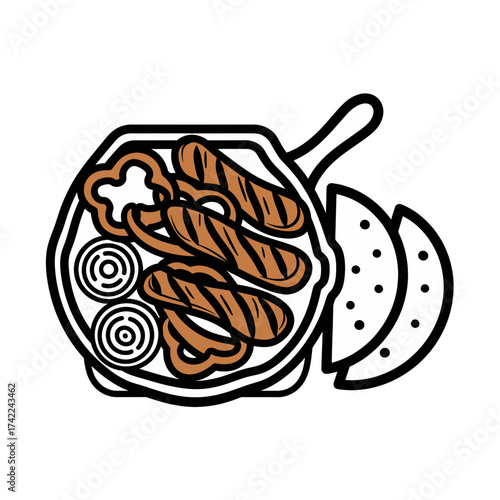 Delicious grilled sausages with vegetables and tortillas on a pan.