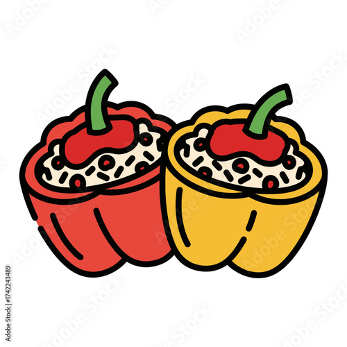 Two stuffed bell peppers one red and one yellow ready to eat.