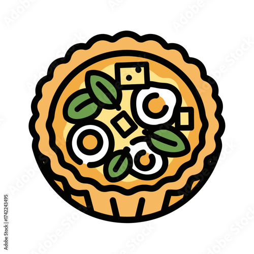 Delicious quiche with eggs cheese and green leaves top view isolated on white background.