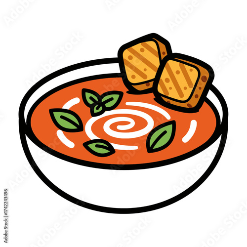 Delicious tomato soup in a white bowl with croutons and basil leaves.