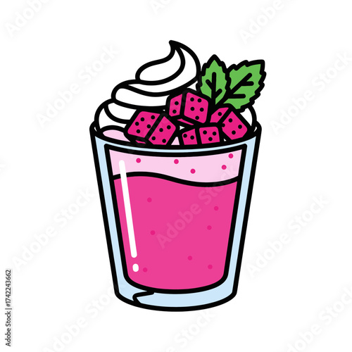 Refreshing pink drink with whipped cream fruit and mint leaves.
