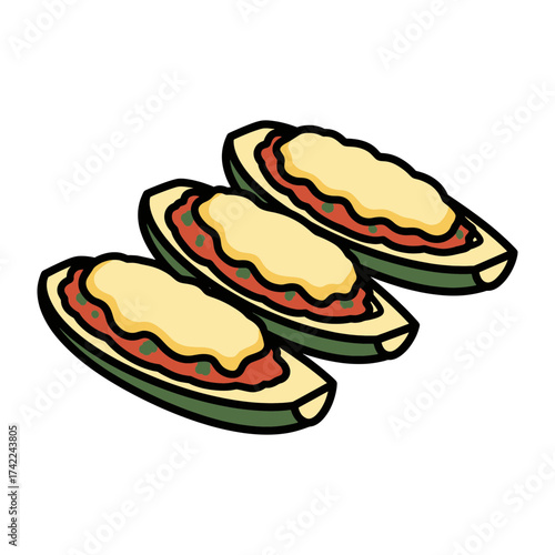 Three stuffed zucchini boats with cheese and tomato sauce delicious food.