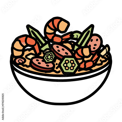 Delicious bowl of gumbo with shrimp okra and sausage.