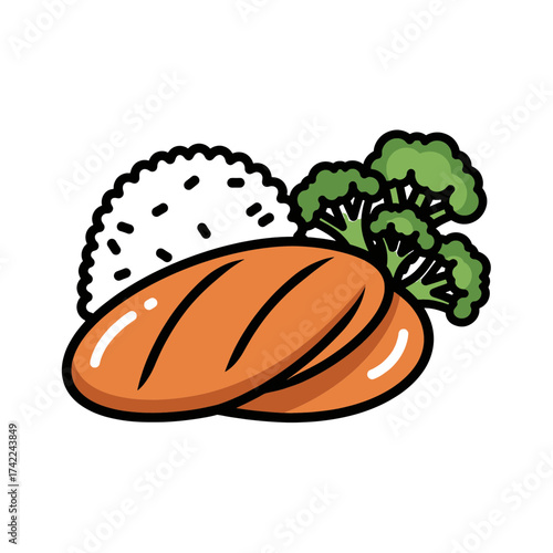 Healthy meal with rice broccoli and bread for a balanced diet.