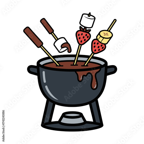 Chocolate fondue with marshmallows strawberries and bananas on skewers.