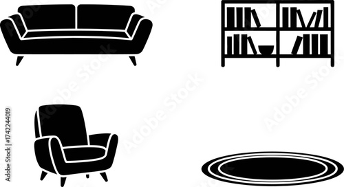 Modern living room furniture icons: sofa, armchair, bookshelf, and rug
