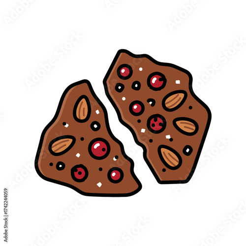 Two pieces of delicious chocolate bark with almonds and cranberries.