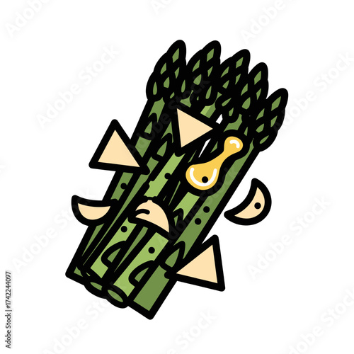 Fresh asparagus with garlic and sauce healthy food illustration.
