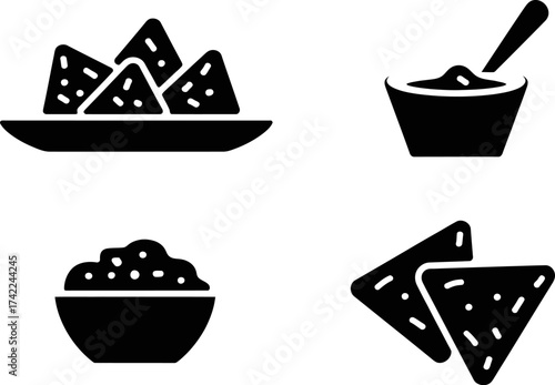 Simple black icons of tortilla chips and salsa for a snack or appetizer