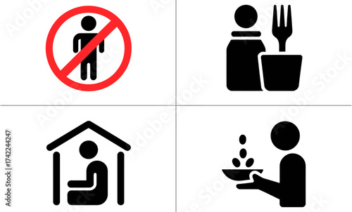 Icons depicting social distancing, food service, home isolation, and charitable giving.