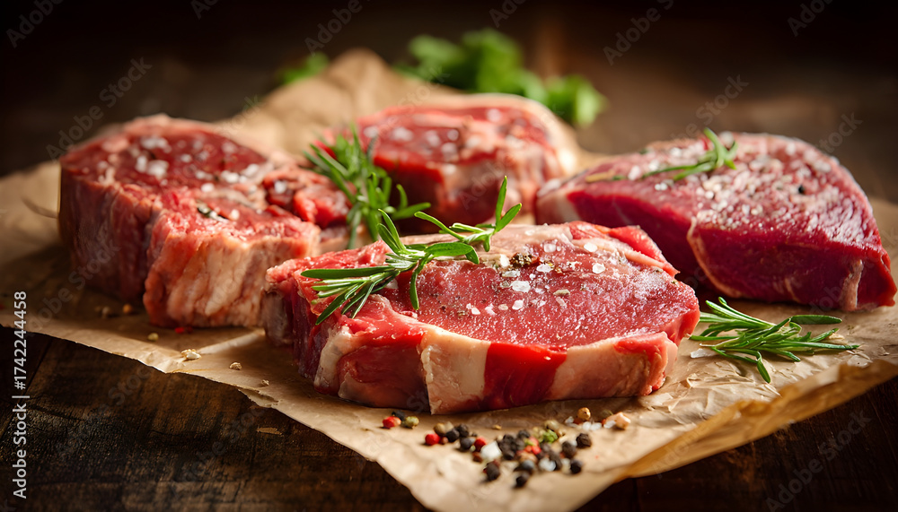 Obraz premium Variety of raw beef meat steaks for grilling with seasoning: Tomahawk steak, Ribeye, Ossobuco and T-bone steak, on a wooden brown background