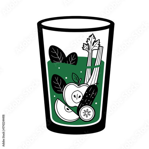 Healthy Green Smoothie with Apple Cucumber and Celery in Glass.