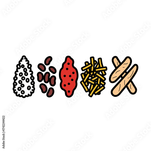 Various food items in a row including beans and fries.