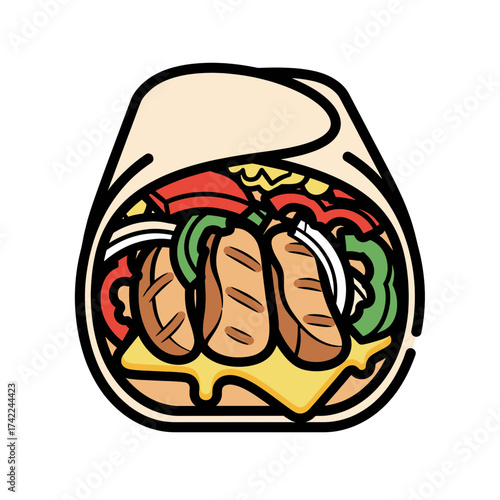 Deliciously wrapped burrito with grilled meat and fresh vegetables a culinary delight.