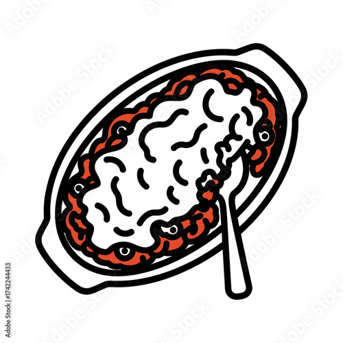 Delicious baked casserole dish with a spoon ready to eat food illustration.