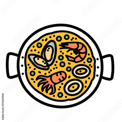 Delicious seafood paella dish with shrimp mussels and squid a Spanish cuisine.