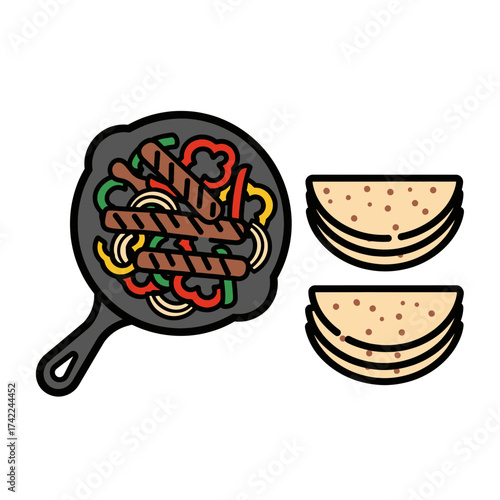 Delicious sizzling fajitas with grilled meat and fresh vegetables served with tortillas.