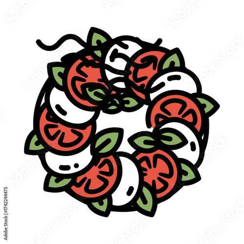 Colorful illustration of a caprese salad wreath a delicious appetizer.