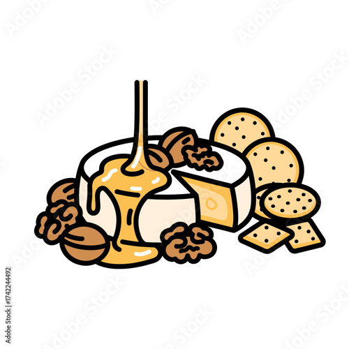 Gourmet cheese platter with honey walnuts and crackers.