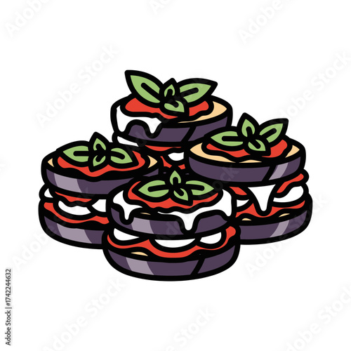 Delicious stacked eggplant parmesan with fresh basil garnish a culinary delight.