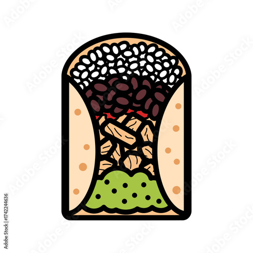 Delicious burrito filled with beans meat and guacamole a tasty meal.