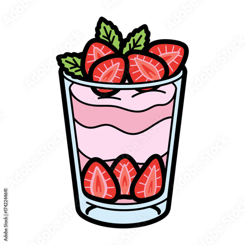 Delicious strawberry parfait dessert in a glass with fresh fruit and mint leaves.