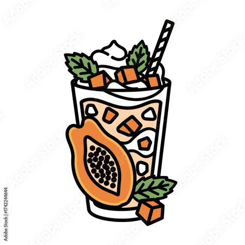 Papaya smoothie with whipped cream and mint leaves refreshing summer drink.