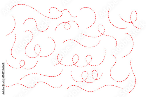 Hand drawn curve dotted line. Curly dotted line. Long dashed hand drawn squiggle. Dotted spiral curve line.