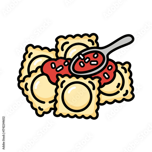 Delicious ravioli pasta with tomato sauce and a spoon a culinary delight.