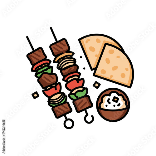 Delicious grilled kebabs with pita bread and a bowl of sauce a tasty meal.