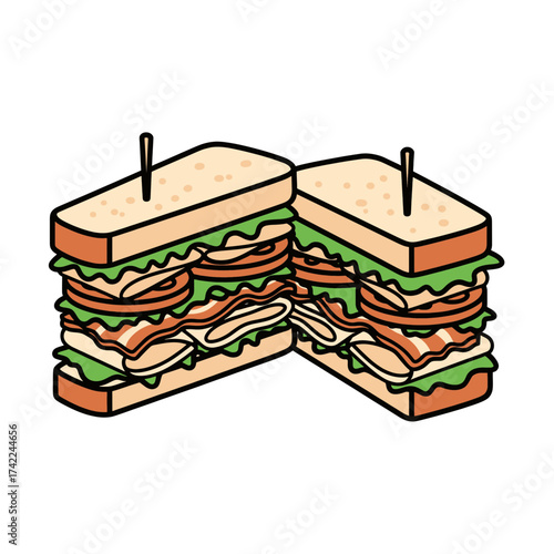 Delicious and appetizing sandwich with multiple layers of ingredients ready to eat.