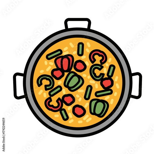 Delicious Spanish Paella Dish with Colorful Vegetables and Rice.