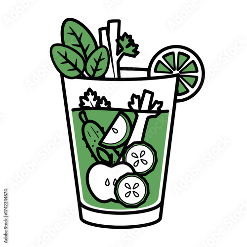 Refreshing green smoothie with cucumber apple and lime slice.