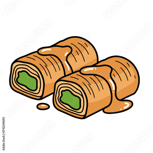 Two delicious rolls of baklava with green filling and honey.