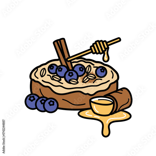 Delicious breakfast with blueberries honey and cinnamon stick a sweet treat.