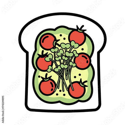 Delicious avocado toast with fresh tomatoes and microgreens healthy breakfast.