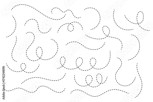 Hand drawn curve dotted line. Curly dotted line. Long dashed hand drawn squiggle. Dotted spiral curve line.