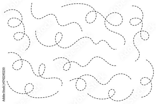 Hand drawn curve dotted line, Spiral dotted line hand drawn, Dotted lines path on white background. Path travel dotted line trip dashed trace destination track plan and silhouette, travelling symbol.