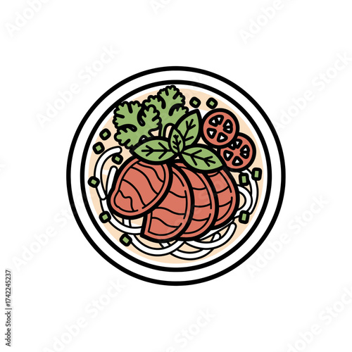 Delicious bowl of food with meat vegetables and herbs a culinary delight.