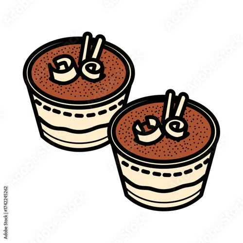 Two delicious tiramisu desserts with cream and chocolate shavings ready to eat.